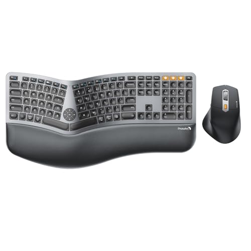 ProtoArc Ergonomic Keyboard Mouse, EKM01 Plus Full Size Wireless Bluetooth Ergo Keyboard Mouse Combo, Cushioned Palm Rest,...