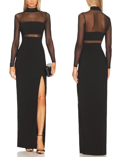 Aigeman Women See Through Mesh Long Sleeves Maxi Dress Turtleneck Bodycon Long Dresses Side Slit Cocktail Party Dress 451