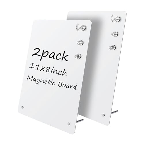 2 Pack 11x8 Inch Magnetic Metal Bulletin Board - Magnet Display Stand with 6 Magnets for Home, School, Kitchen, Office (Wh...