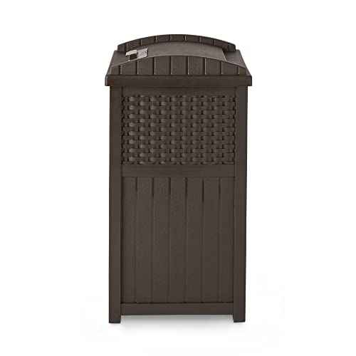 Suncast 33 Gallon Commercial Outdoor Trashcan Hideaway with Lid for 30 to 33 Gallon Trash Bags for Garage, Backyard, or Garden, Brown