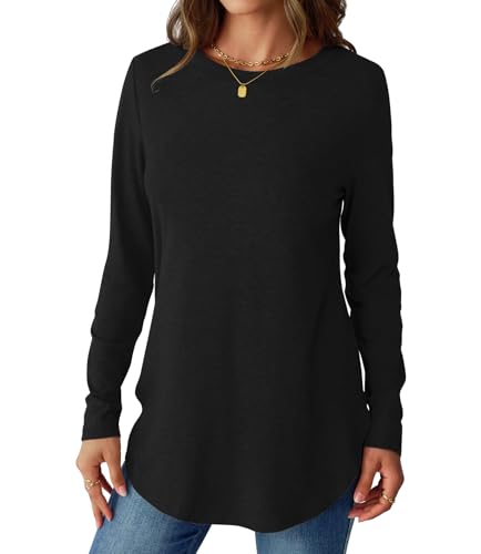 NORACORA Womens Long Sleeve Shirts Loose Tunic Tops Round Neck Lightweight Side Split Casual 2025 Trendy Basic Tshirts Blouse