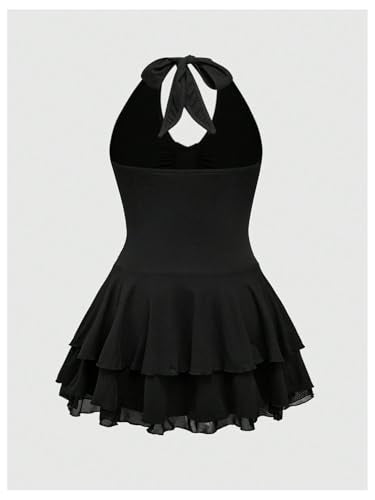 SHENHE Women's Plus Size Y2k Halter Tie Backless Ruched Layered Ruffle Grunge Punk Mini Dress