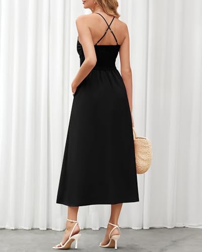 BTFBM Women 2026 Spaghetti Strap Midi Summer Dresses Sleeveless V Neck Cutout Slit Casual Beach Party Maxi Dress Pockets