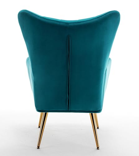 Container Furniture Direct Modern Chic Mid-Century Velvet Accent Armchair for Living Room, Bedroom, or Home Office, Button-Tufted Wingback Design with Gold Flared Legs, Dark Teal