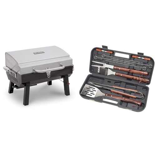 Char-Broil 200 Square Inch Stainless Steel Portable Propane Gas Grill and 13-Piece Cuisinart CGS-W13 Wooden Handle BBQ Too...