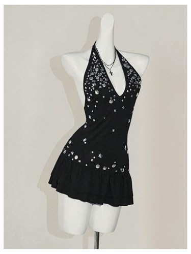 MakeMeChic Women's Halter Mini Dress Sparkly Ruffle Tiered Sleeveless Tie Back Fall Y2K Clothes Rave Outfit