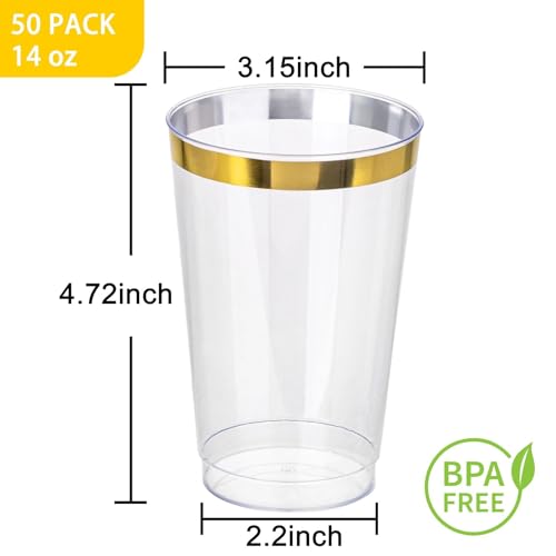 I00000 50 Pack 14 oz Gold Plastic Cups, Gold Disposable Cups Tumblers, Disposable Plastic Wine Glasses Cocktail Glasses Pe...