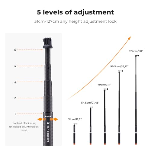 K&F Concept Invisible Selfie Stick, Extension Carbon Long Pole（127cm/50in） for Insta360 X5 Sports Camera GoPro DJI OSMO Po...
