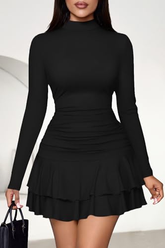 PRETTYGARDEN Womens Spring Long Sleeve Dresses 2026 Mock Neck Ruched Y2K Clothes Ruffle Layered Bodycon Mini Party Dress