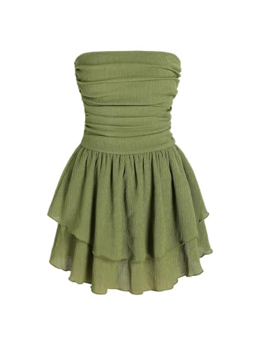 CIDER Women's Summer Cocktail Dress - Tube Ruched Ruffle Mini Dress