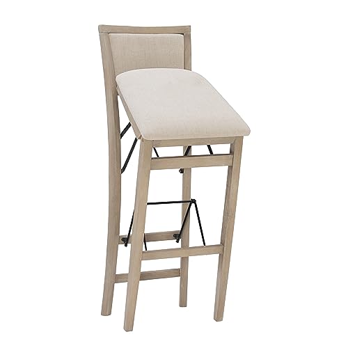 Linon Keira Natural Rustic Wooden Folding Barstool with Beige Upholstered Seat and Back