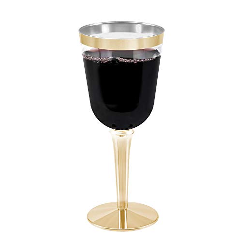 BloominGoods Disposable Wine Glasses With Stem, 10 Oz. Gold Rim Plastic Wine Glasses For Parties, Weddings, Large Clear Wi...