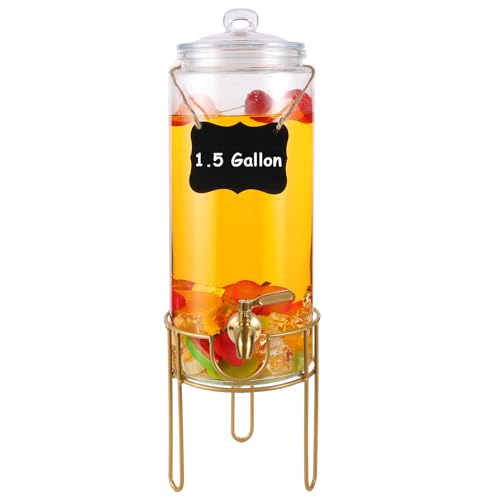 1.5 Gallon Drink dispenser, Glass Beverage Dispenser With Stand, Drink Dispensers for Parties With Stainless Steel Spigot...