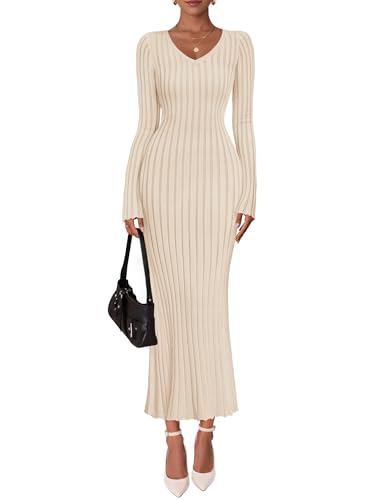 ZESICA Women's 2026 Spring Sweater Dress Long Sleeve V Neck Ribbed Knit Party Cocktail Bodycon Maxi Dresses