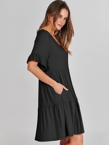 ANRABESS Dresses for Women Summer 2026 V Neck Ruffle Sleeve A Line Tiered Flowy Casual Trendy Mini Beach Dress with Pockets