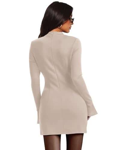 OFEEFAN Women's Fall Long Sleeve Mock Neck Dress Basic Party Club Bodycon Mini Dresses