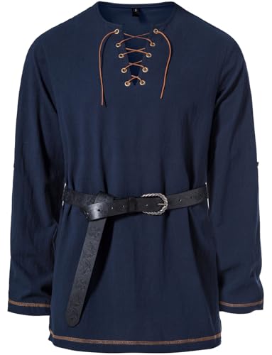 JEMITOP Men's Pure Cotton Vintage Lace Up Shirts for Pirate Renaissance Viking Medieval Costume Without Belt
