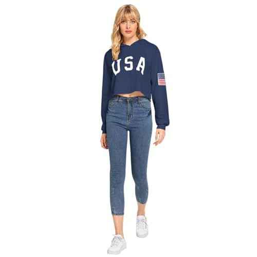 SweatyRocks Women's American Flag Long Sleeve Hoodies Letter Graphic Crop Top Hooded Sweatshirts