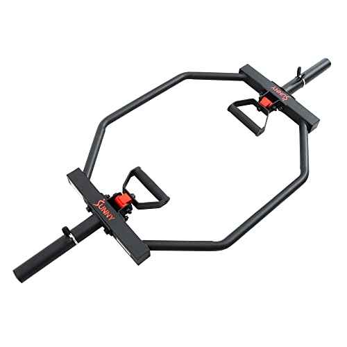 Sunny Health & Fitness Strength Training Olympic Hex Bar Barbell, High Load Capacity, Swivel Handles, Safety Clips, Knurled Handles for Deadlifts, Shoulder Presses, Shrugs, Back Rows, Weightlifting
