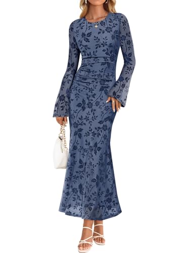 ZESICA Women's Long Sleeve Floral Bodycon Dress 2026 Spring Fall Ruched Mesh Wedding Guest Cocktail Party Maxi Dresses