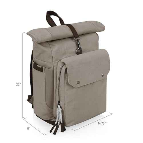 PICNIC TIME Carmel Roll Top Picnic Backpack Cooler with Utensil Set, Canvas Insulated Cooler Backpack Bag for Lunch and Hiking, Beach Cooler Bag, Picnic Bag, (Gray), 14.8 x 5.9 x 22.1