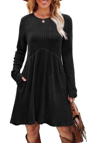OFEEFAN Long Sleeve Dress for Women Crew Neck Empire Waist Tunic Dress with Pockets