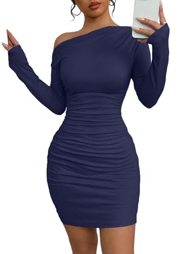 Acelitt Fall Off The Shoulder Dresses for Women 2025 Long Sleeve Ruched Bodycon Cocktail Party Mini Dress(Size Down)
