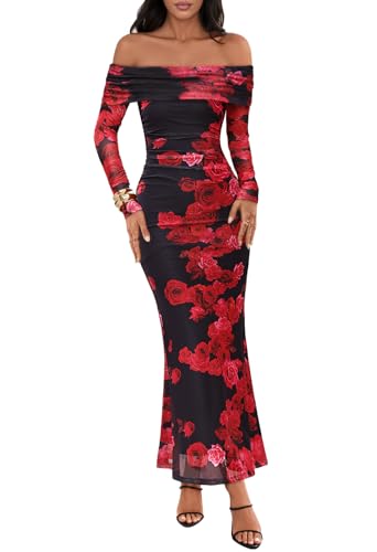 MEROKEETY Women's Fall Off Shoulder Floral Maxi Dresses Formal Long Sleeve Bodycon Cocktail Wedding Guest Dress