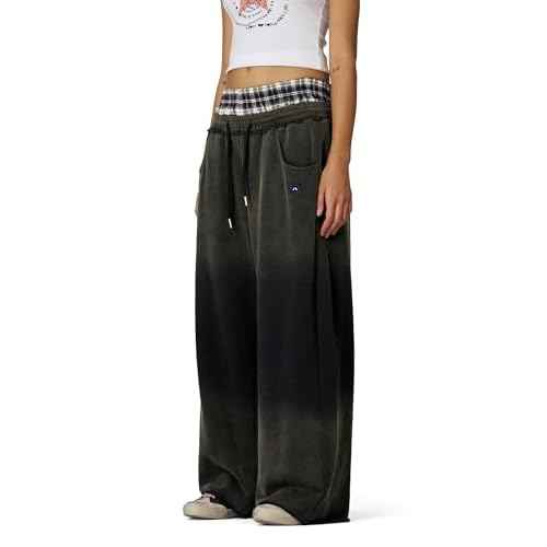 Aelfric Eden Double Waist Washed Baggy Sweatpants Loose Wide Leg Plaid Patchwork Casual Pants with Pockets