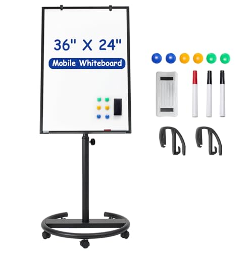 Mobile Whiteboard, 36” x 24” Magnetic Portable White Board on Wheels, Height Adjustable Standing Dry Erase Board with Stan...