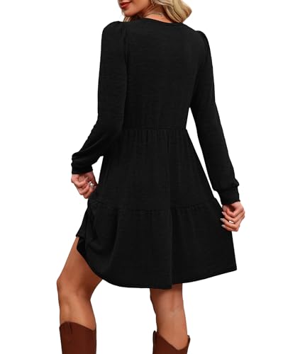 OFEEFAN Womens Long Sleeve Fall Dresses with Pockets Crew Neck Babydoll Casual Winter Dress 2025