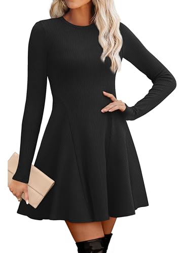 OFEEFAN Sweater Dress for Women Fall 2025 Long Sleeve Crew Neck Ribbed Knit Fit and Flare A-Line Dresses