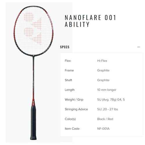 YONEX Nanoflare 001 Ability Badminton Racquet (Strung) - Graphite Frame Hi-Flex Slim Shaft Racket - Black/Red