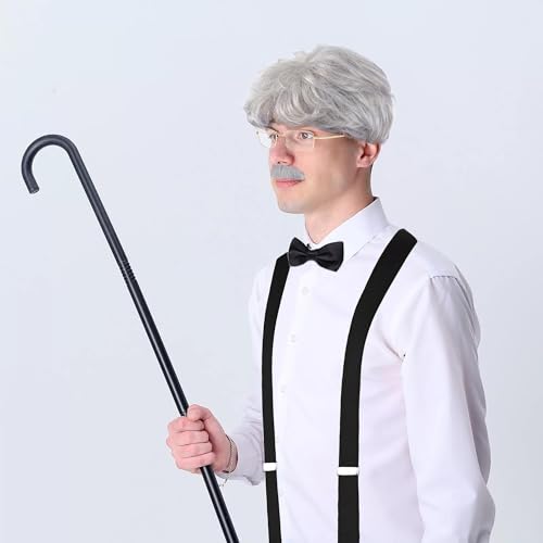 FEYIR Old Man Costume Accessories Set Old Man Wig Hat Cane Faux Eyebrows Mustache Suspenders Bow Tie for Grandpa Halloween...