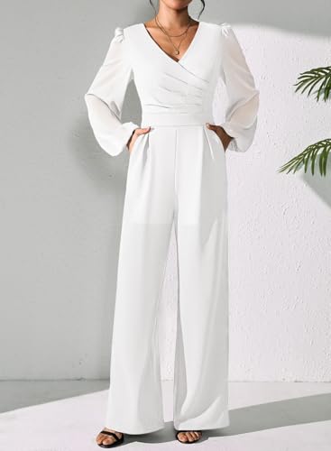 Pink Queen Jumpsuits for Women Dressy Patchwork Chiffon Sleeve V Neck Wide Leg Romper Holiday Party Outfits