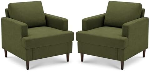Weture Mid-Century Accent Chair, Comfy Upholstered Reading Accent Chairs for Bedroom, Modern Linen Fabric Armchair for Living Room, Single Sofa Chair with Wood Legs (Green, 2 Pack)