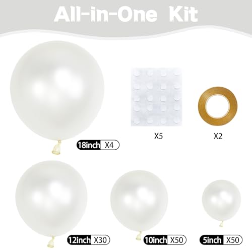 Pearl White Balloons Different Sizes 5 10 12 18 Inch, 134 Pcs White Balloon Garland Arch Kit, Royal White Latex Balloons f...