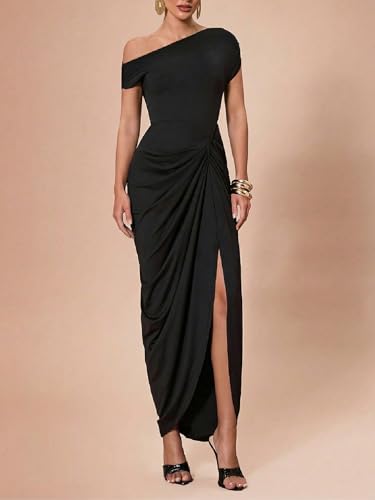 Floerns Women's Elegant Long Dress Asymmetrical Off Shoulder Ruched Slit Bodycon Cocktail Dresses