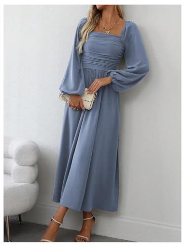 Floerns Women's Square Neck Lantern Long Sleeve Dress Split Ruched Party Midi Dresses