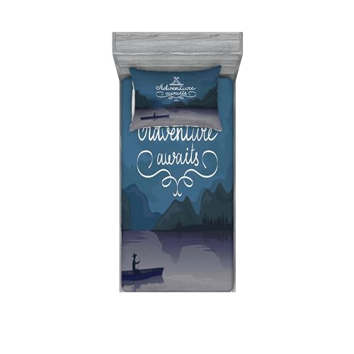 Ambesonne Saying Fitted Sheet & Pillow Sham Set, Kayak in a Mountain Lake at Night Camping Activity Lifestyle Adventure Wo...