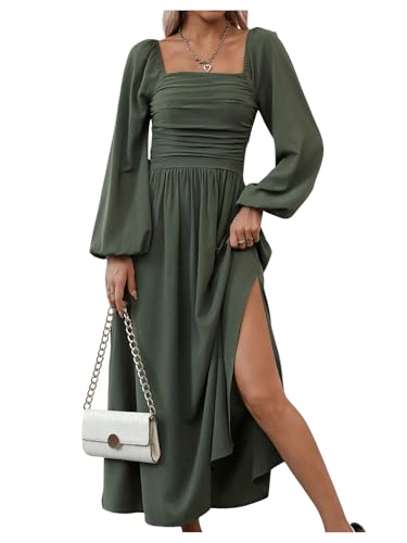 Floerns Women's Square Neck Lantern Long Sleeve Dress Split Ruched Party Midi Dresses