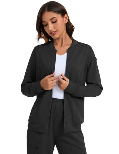 LOMON Scrub Jackets for Women Zipper Bomber Jacket Medical Nurse Coats with Pockets