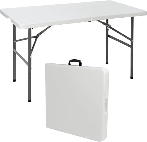 SIMPLI-MAGIC 4ft Plastic Folding Table, Indoor Outdoor Heavy Duty Portable/Handle, Lock for Picnic, Party, Camping - White