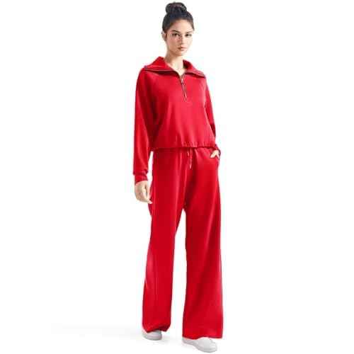 SUUKSESS Women 2 Piece Lounge Matching Set Wide Leg Sweatpant Half Zip Sweatshirt