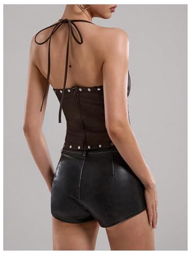 WDIRARA Women's PU Leather Lace Up Halter Top Vintage Western Sleeveless Backless Camisole Tops