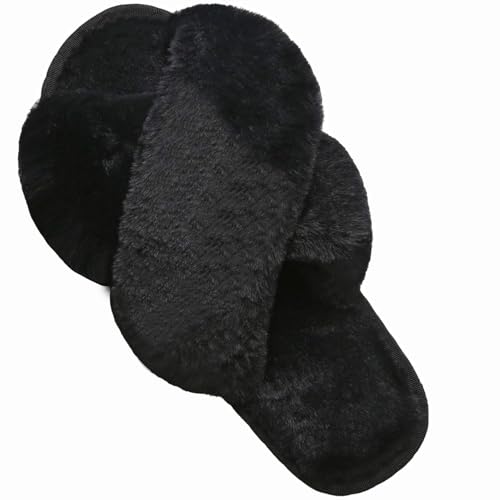 Women Fuzzy Fluffy Furry Slippers Fur Flip Flop Open Toe Slippers Cross Band Shoes Slides for Ladies House Home Indoor Out...