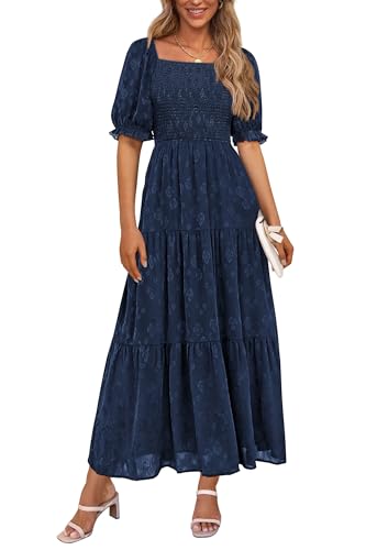 PRETTYGARDEN Women's 2026 Summer Casual Midi Dresses Square Neck Short Sleeve Smocked A Line Floral Flowy Elegant Boho Dress