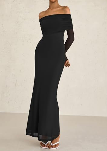 PRETTYGARDEN Fall Dresses for Women 2025 Elegant Off The Shoulder Long Sleeve Formal Wedding Guest Bodycon Maxi Dress