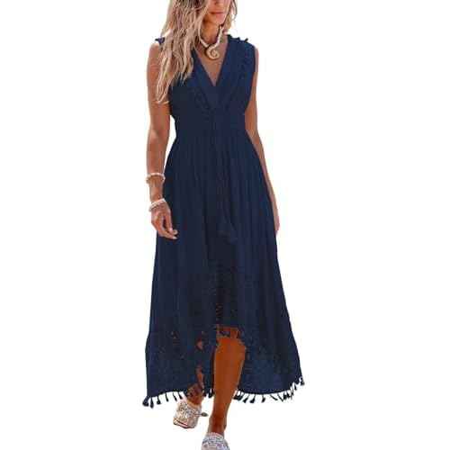 CUPSHE Women's Maxi Dress V Neck Sleeveless Lace Tassel Smocked Waist Cover Up Beach Formal Long Dress