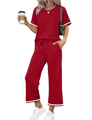 SAMPEEL 2 Piece Sets for Women Casual Summer Travel Vacation Outfits Short Sleeve Lounge Set